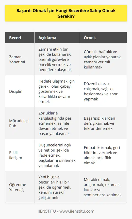 Başarılı olmak için birçok farklı beceriye sahip olmak gerekir. Bunlar arasında; zaman yönetimi, disiplin, mücadeleci ruh, özgüven, sorun çözme yeteneği, karar verme yeteneği, insanlarla etkileşim, liderlik, etkili iletişim, öğrenme yeteneği ve çözüm odaklı yaklaşım sayılabilir.