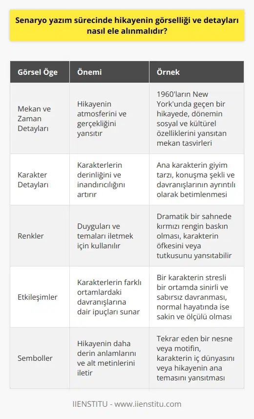 Görsel Öğelerin Önemi Senaryo yazım sürecinde, hikayenin görselliği ve detayları büyük önem taşır. Başarılı bir senaryo, okuyucunun veya izleyicinin hikayenin atmosferini ve karakterlerin dünyasını zihninde canlandırabilmesine imkan tanımalıdır. Bu bağlamda, senaristler hikayeyi yazarken görsel unsurları güçlü bir şekilde kullanmalı ve detaylara dikkat etmelidir. Mekân ve Zaman Detayları Senaryoda yer alan mekân ve zaman unsurları, hikayenin görselliği açısından büyük önem taşır. Senaristler, mekânları ve mekânlara özgü atmosferleri, hikayenin geçtiği dönemin sosyal, ekonomik ve kültürel özelliklerine uygun bir şekilde lidir. Özellikle gerçekçi bir hikaye anlatıyorsanız, mekân ve zaman öğelerini hatasız bir şekilde aktarmak önemlidir. Karakter Detayları Senaryolarda iyi yazılmış karakterler, hikayenin başarısı açısından temel unsurlardır. Karakterlerin görünüşlerini, giysilerini, davranışlarını ve söylemlerini detaylıca anlatarak, hikaye içindeki gerçeklik düzeyini ve derinliğini artırabilirsiniz. İzleyici ya da okuyucu, karakterlerin detaylarına vakıf olduğunda, hikayeye daha fazla empati kurabilir ve bağlanabilir. Renk ve Etkileşimler Senaryo yazımında, renklerin ve etkileşimlerin kullanımı hikayenin görselliğini zenginleştirir. Renklerle karakterler arasındaki ilişki, duyguları ve teması iletmek için güçlü bir yöntemdir. Buna ek olarak, senaryodaki etkileşimler, karakterlerin farklı ortamlarda nasıl davrandığına dair ipuçları ve bilgiler sunar. Bu da, hikayenin görselliği ve derinliği açısından değer katar. Sonuç olarak, senaryo yazım sürecinde görsel öğeler ve detayların güçlü bir şekilde ele alınması, hikayenin başarısı için önemlidir. Senaristler, mekân ve zaman öğeleri, karakter detayları, renkler ve etkileşimler gibi unsurları kullanarak hikayeye görsel ve duygusal zenginlik kazandırabilirler. Bu sayede, izleyici veya okuyucu hikayeye daha fazla empati kurabilir ve bağlanabilir.