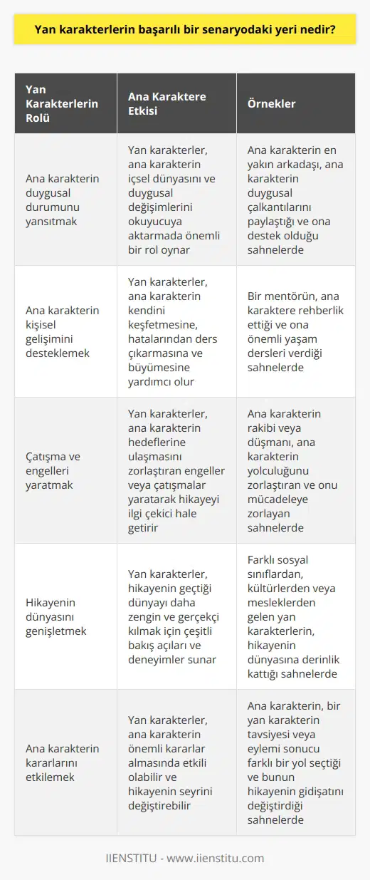 Yan karakterler ana karakterin olay döngüsündeki yerini netleştirmeyi sağlar. Ana karakterin duygusunu yansıtmasına, bir olay içerisindeki yerini ifade etmesine yardımcı olur. Yan karakterler ana karakterler kadar önemlidir.