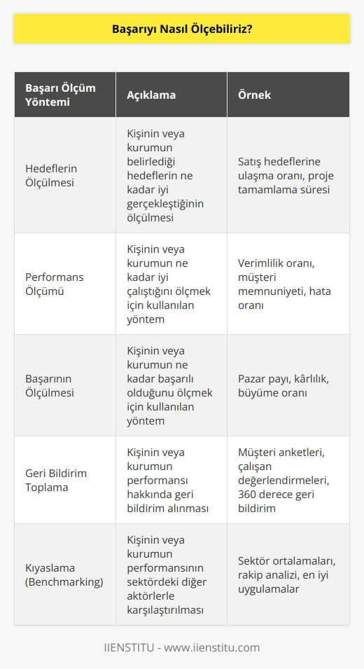 Başarıyı ölçmek için çeşitli yöntemler vardır. Bunlar arasında, hedeflerin ölçülmesi, performansın ölçülmesi ve başarının ölçülmesi sayılabilir. Hedeflerin ölçülmesi, kişinin veya kurumun belirlediği hedeflerin ne kadar iyi gerçekleştiğinin ölçülmesidir. Performans ölçümü, kişinin veya kurumun ne kadar iyi çalıştığını ölçmek için kullanılan bir yöntemdir. Başarının ölçülmesi ise kişinin veya kurumun ne kadar başarılı olduğunu ölçmek için kullanılan bir yöntemdir. Bunların her biri, başarıyı ölçmek için kullanılabilecek seçenekler arasındadır.