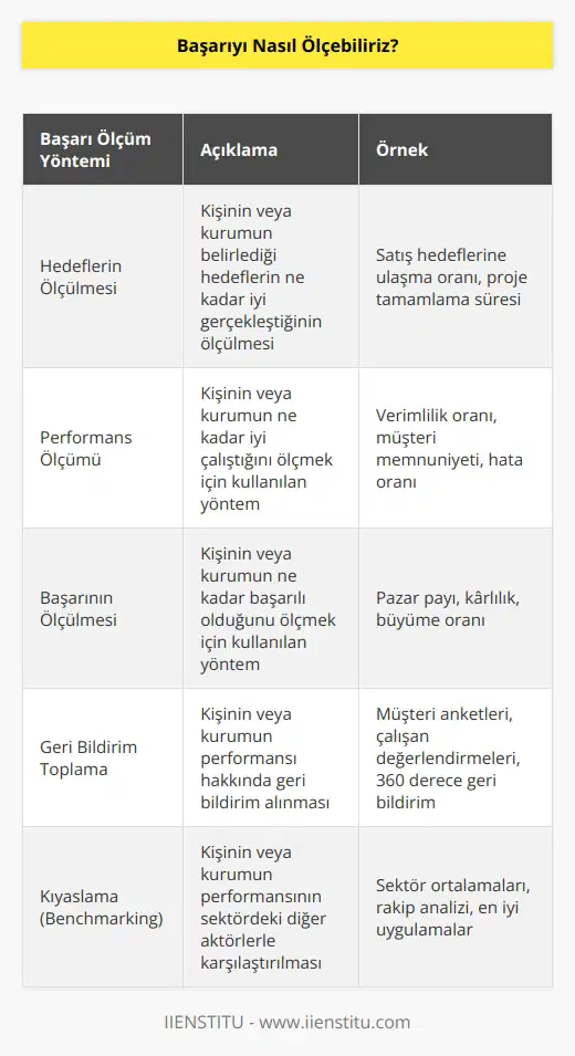 Başarıyı ölçmek için çeşitli yöntemler vardır. Bunlar arasında, hedeflerin ölçülmesi, performansın ölçülmesi ve başarının ölçülmesi sayılabilir. Hedeflerin ölçülmesi, kişinin veya kurumun belirlediği hedeflerin ne kadar iyi gerçekleştiğinin ölçülmesidir. Performans ölçümü, kişinin veya kurumun ne kadar iyi çalıştığını ölçmek için kullanılan bir yöntemdir. Başarının ölçülmesi ise kişinin veya kurumun ne kadar başarılı olduğunu ölçmek için kullanılan bir yöntemdir. Bunların her biri, başarıyı ölçmek için kullanılabilecek seçenekler arasındadır.