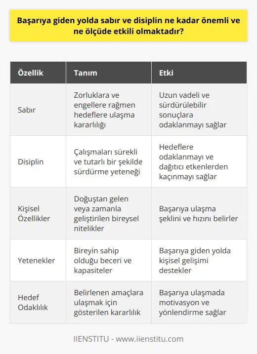 Başarıya giden yolda sabır ve disiplin, başarının anahtar unsurlarıdır ve genellikle ölçülemeyen, ancak belirleyici bir etkiye sahiptir. Bu iki özelliğin, hedeflere ulaşabilmek için gereken uyumu ve yoğunluğu sağladığı açıktır.  Sabır, kişinin yol boyunca karşılaştığı zorluklara ve engellere rağmen hedefine ulaşma iradesini sürdürme yeteneği olarak ifade edilebilir. Başarıya ulaşan bireyler genellikle kısa vadeli düşünmek yerine, uzun vadeli ve sürdürülebilir sonuçlara odaklanmayı başarır.  Diğer yandan, disiplin, başarıyı gerçekleştirmenin bir başka anahtarıdır. Özellikle uzun vadeli başarı söz konusu olduğunda, bireylerin çalışmalarını sürekli ve tutarlı bir şekilde sürdürebilmeleri gereklidir. Dolayısıyla, disiplin, hedeflere odaklanmayı ve her türlü dağıtıcı etkenden kaçınmayı sağlar.  Başarıya giden yolda sabrın ve disiplinin önemi tartışılmaz bir gerçektir. Ancak bu özelliklerin etkinliği, genellikle kişinin benzersiz durumuna ve kişisel koşullarına bağlıdır. Bazı kişiler doğuştan sabırlı ve disiplinli olabilirken, diğerleri bu özellikleri zamanla ve çaba ile geliştirir.  Sonuç olarak, başarıya giden yolda sabır ve disiplin, kişinin hedeflerine ulaşmasını sağlar. Bu nedenle, başarıyı gerçekleştirmek ve sürdürmek için bu iki özelliğe sahip olmak ve bu özellikleri geliştirmek önemlidir. Genellikle sabır ve disiplin, başarının anahtarı olarak görülür. Ancak kişisel özellikler ve yetenekler, her bireyin başarıya ulaşma şeklini ve hızını belirler. Bu nedenle, başarıya giden yol, sadece sabır ve disiplinle değil, aynı zamanda kişisel özellikler ve yeteneklerle de şekillenir.
