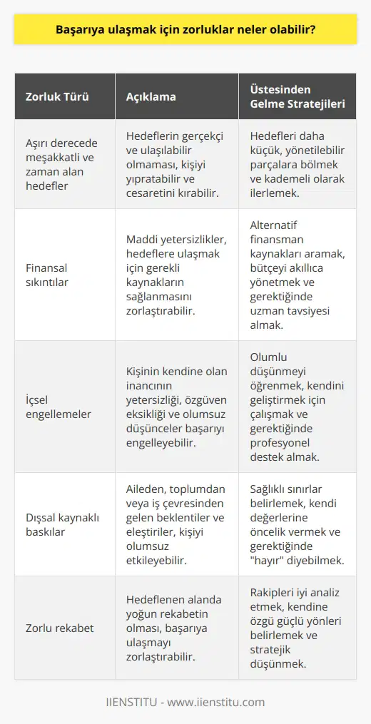 Başarıya ulaşmak için zorluklar arasında; aşırı derecede meşakkatli ve zaman alan hedefler, finansal sıkıntılar, içsel engellemeler, dışsal kaynaklı baskılar, zorlu rekabet, karşılaşacağınız tepkiler, stres, başarısızlık korkusu ve motivasyon eksikliği sayılabilir.