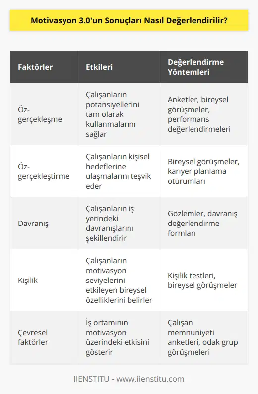 Motivasyon 3.0 sonuçlarını değerlendirmek için, öncelikle çalışanların motivasyon seviyelerini ölçmek için kullanılan anketlerin sonuçlarını incelemek gerekir. Özellikle, motivasyon seviyelerinin hangi faktörlerden etkilendiğini, çalışanların öz-gerçekleşme, öz-gerçekleştirme, davranış, kişilik ve çevresel faktörler arasından sıralamak önemlidir. Ayrıca, çalışanların motivasyon seviyelerinin hangi iş ortamı kriterleri üzerinde etkili olduğunu ve çalışanların motivasyonunu arttırmak için ne tür önlemler alınması gerektiğini incelemek de önemlidir.