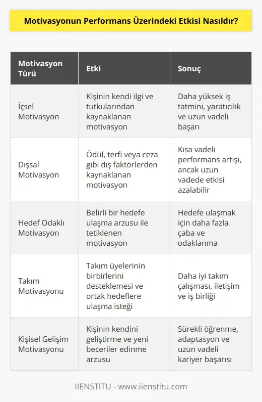 Motivasyon, insanların hedeflerine ulaşmak için çaba göstermelerini sağlayan, davranışlarını düzenleyen ve performanslarını etkileyen önemli bir etkendir. Motivasyon, insanların günlük performansını,   li çalışmalarını ve başarılı olmalarını destekleyen kritik bir faktördür. Motivasyon, kişinin kendini geliştirmesi, çalışmalarını sürdürmesi ve başarılı olması için temel gerekliliklerdir. Motivasyon, insanların daha iyi performans gösterme olasılığını artırır ve onların çalışma ve başarıya ulaşmalarını kolaylaştırır. Motivasyon, kişinin işinin kalitesini ve verimliliğini artırarak, performansını arttırmada önemli bir rol oynar. Ayrıca motivasyon, kişinin çalışma ortamına dair uyum ve katılımını arttırmada da etkilidir.