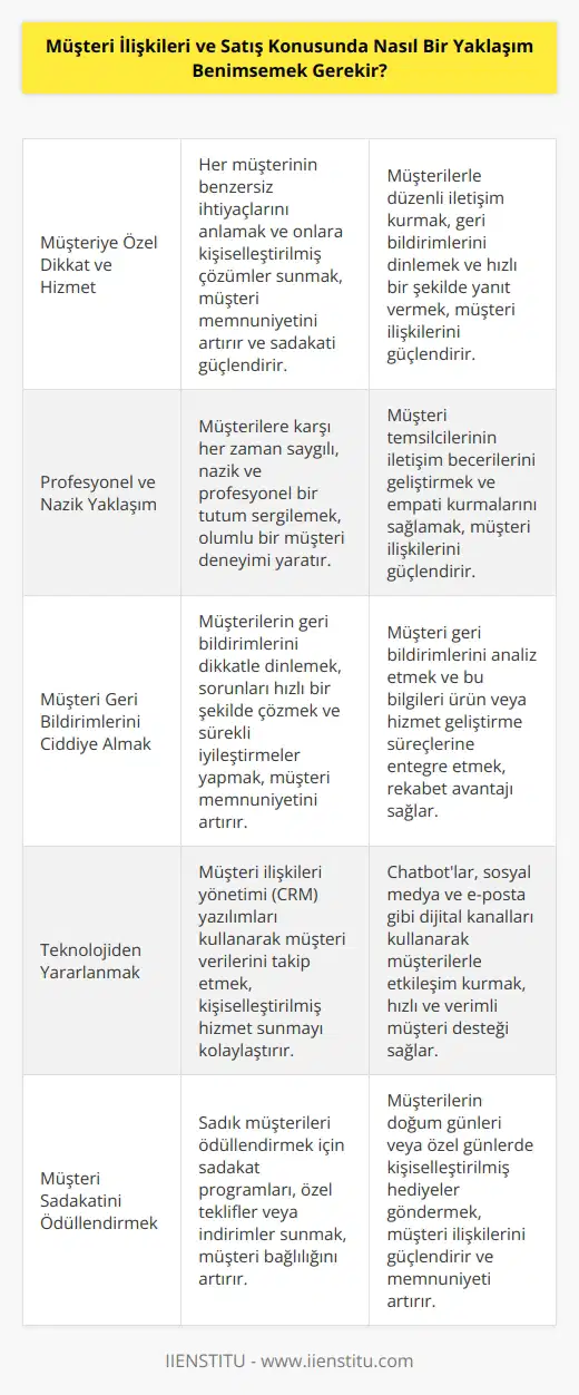 Müşteri ilişkileri ve satış konusunda, öncelikle müşteriye özel dikkat ve hizmet göstermek gerekir. Müşteriye mümkün olan en iyi çözümü sunmak için çaba göstermeli, onların geri bildirimlerini ciddiye almalı ve müşteri desteğini güçlendirmelisiniz. Müşteriye karşı nazik ve profesyonel olmak önemlidir. Müşterilerin ihtiyaçlarını anlamak ve onlara özel çözümler sunmak, onların fidye veya para ödemesi için ikna etmek ve onlara müşteri hizmetleri, satış ve promosyonlar konusunda bilgilendirmek gereklidir. Ayrıca, müşterilerin deneyimlerini iyileştirmek için teknolojiyi kullanmak da önemlidir.