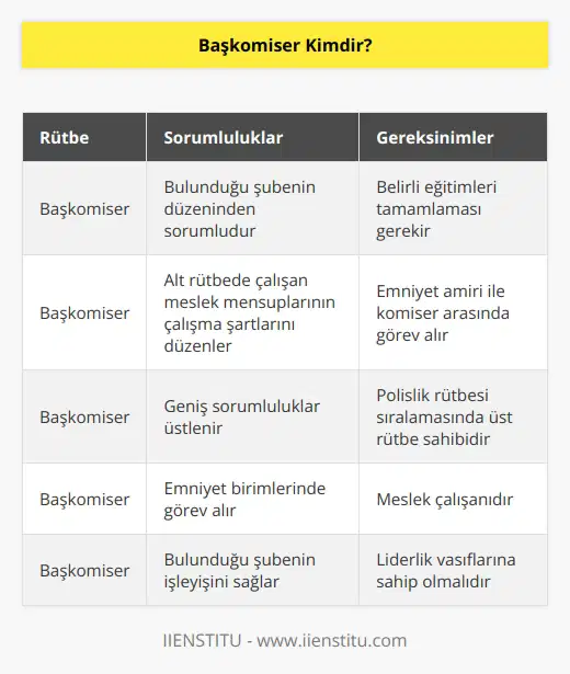 Emniyet birimlerinde görev alan, bulunduğu şubenin düzeninden sorumlu olan, alt rütbede çalışan meslek mensuplarının çalışma şartlarına kadar oldukça geniş sorumluluklar üstelenen üst rütbe sahibi meslek çalışanlarına başkomiser denir. Polislik rütbesi sıralamasında Emniyet amiri ile komiser arasında görev alan kişidir. Bu alanda çalışmak için öncelikle belli başlı eğitimleri tamamlaması gerekir.