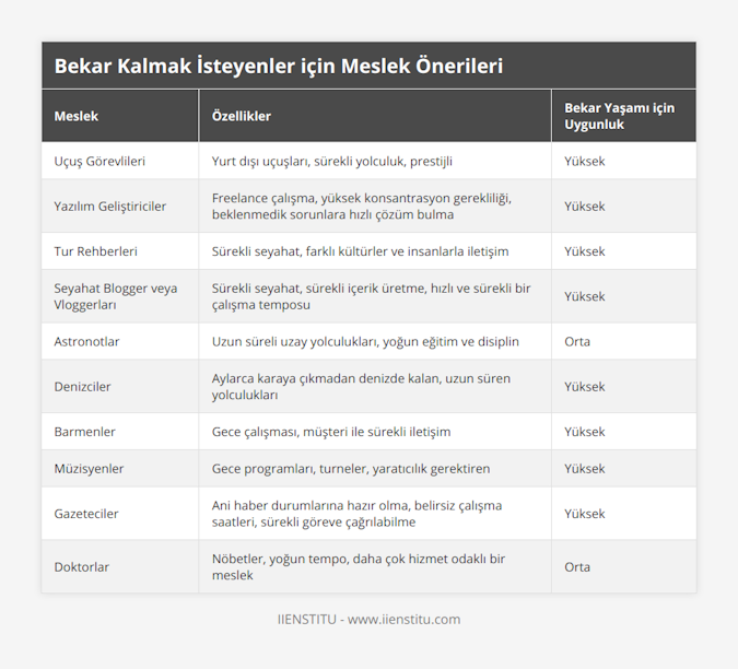 Uçuş Görevlileri, Yurt dışı uçuşları, sürekli yolculuk, prestijli, Yüksek, Yazılım Geliştiriciler, Freelance çalışma, yüksek konsantrasyon gerekliliği, beklenmedik sorunlara hızlı çözüm bulma, Yüksek, Tur Rehberleri, Sürekli seyahat,  farklı kültürler ve insanlarla iletişim, Yüksek, Seyahat Blogger veya Vloggerları, Sürekli seyahat, sürekli içerik üretme, hızlı ve sürekli bir çalışma temposu, Yüksek, Astronotlar, Uzun süreli uzay yolculukları, yoğun eğitim ve disiplin, Orta, Denizciler, Aylarca karaya çıkmadan denizde kalan, uzun süren yolculukları, Yüksek, Barmenler, Gece çalışması, müşteri ile sürekli iletişim, Yüksek, Müzisyenler, Gece programları, turneler, yaratıcılık gerektiren, Yüksek, Gazeteciler, Ani haber durumlarına hazır olma, belirsiz çalışma saatleri, sürekli göreve çağrılabilme, Yüksek, Doktorlar, Nöbetler, yoğun tempo, daha çok hizmet odaklı bir meslek, Orta