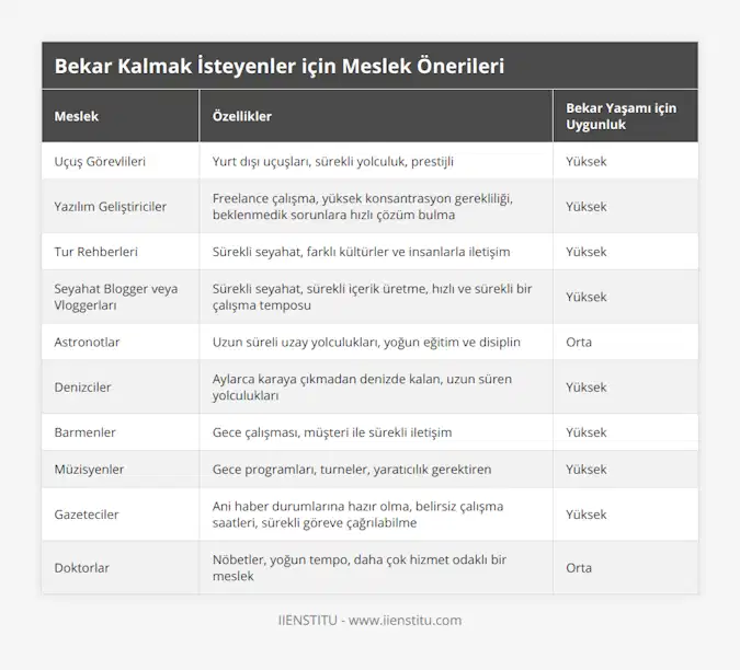 Uçuş Görevlileri, Yurt dışı uçuşları, sürekli yolculuk, prestijli, Yüksek, Yazılım Geliştiriciler, Freelance çalışma, yüksek konsantrasyon gerekliliği, beklenmedik sorunlara hızlı çözüm bulma, Yüksek, Tur Rehberleri, Sürekli seyahat, farklı kültürler ve insanlarla iletişim, Yüksek, Seyahat Blogger veya Vloggerları, Sürekli seyahat, sürekli içerik üretme, hızlı ve sürekli bir çalışma temposu, Yüksek, Astronotlar, Uzun süreli uzay yolculukları, yoğun eğitim ve disiplin, Orta, Denizciler, Aylarca karaya çıkmadan denizde kalan, uzun süren yolculukları, Yüksek, Barmenler, Gece çalışması, müşteri ile sürekli iletişim, Yüksek, Müzisyenler, Gece programları, turneler, yaratıcılık gerektiren, Yüksek, Gazeteciler, Ani haber durumlarına hazır olma, belirsiz çalışma saatleri, sürekli göreve çağrılabilme, Yüksek, Doktorlar, Nöbetler, yoğun tempo, daha çok hizmet odaklı bir meslek, Orta
