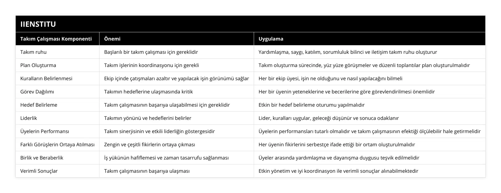Takım ruhu, Başlarılı bir takım çalışması için gereklidir, Yardımlaşma, saygı, katılım, sorumluluk bilinci ve iletişim takım ruhu oluşturur, Plan Oluşturma, Takım işlerinin koordinasyonu için gerekli, Takım oluşturma sürecinde, yüz yüze görüşmeler ve düzenli toplantılar plan oluşturulmalıdır, Kuralların Belirlenmesi, Ekip içinde çatışmaları azaltır ve yapılacak işin görünümü sağlar, Her bir ekip üyesi, işin ne olduğunu ve nasıl yapılacağını bilmeli, Görev Dağılımı, Takımın hedeflerine ulaşmasında kritik, Her bir üyenin yeteneklerine ve becerilerine göre görevlendirilmesi önemlidir, Hedef Belirleme, Takım çalışmasının başarıya ulaşabilmesi için gereklidir, Etkin bir hedef belirleme oturumu yapılmalıdır, Liderlik, Takımın yönünü ve hedeflerini belirler, Lider, kuralları uygular, geleceği düşünür ve sonuca odaklanır, Üyelerin Performansı, Takım sinerjisinin ve etkili liderliğin göstergesidir, Üyelerin performansları tutarlı olmalıdır ve takım çalışmasının efektiği ölçülebilir hale getirmelidir, Farklı Görüşlerin Ortaya Atılması, Zengin ve çeşitli fikirlerin ortaya çıkması, Her üyenin fikirlerini serbestçe ifade ettiği bir ortam oluşturulmalıdır, Birlik ve Beraberlik, İş yükünün hafiflemesi ve zaman tasarrufu sağlanması, Üyeler arasında yardımlaşma ve dayanışma duygusu teşvik edilmelidir, Verimli Sonuçlar, Takım çalışmasının başarıya ulaşması, Etkin yönetim ve iyi koordinasyon ile verimli sonuçlar alınabilmektedir