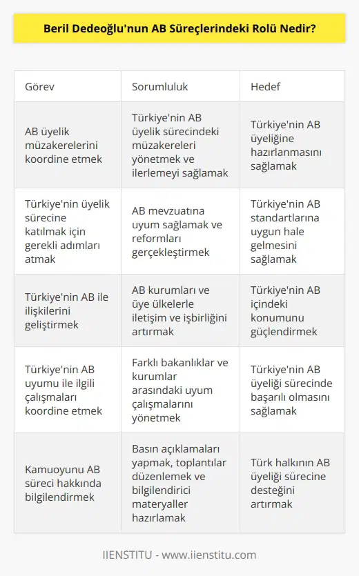 Beril Dedeoğlu, Türkiyenin AB üyeliği sürecini takip eden ve koordine eden AB Uyum Bakanı olarak AB Süreçlerinde önemli bir rol oynamaktadır. Dedeoğlu, üyelik sürecinde ABnin üyelik müzakerelerini koordine etmek, Türkiyenin üyelik sürecine katılmak için gerekli adımları atmak ve Türkiyenin AB ile ilişkilerini geliştirmek üzere AB Uyum Bakanlığının görevlerini yürütmektedir. Dedeoğlu, AB ile ilişkilerin geliştirilmesi ve Türkiyenin AB üyeliği sürecinde başarılı olması amacıyla, Türkiyenin AB uyumu ile ilgili çalışmalarını koordine etmektedir.