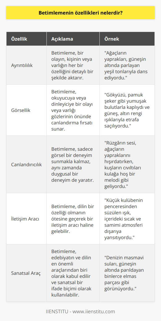 Betimleme, bir olayın veya varlığın detaylarına, özelliklerine ve ayrıntılarına inerek onu gözler önüne serma ve yaşatma sanatıdır. Türk edebiyatında ve günlük hayatta sıklıkla karşımıza çıkan betimleme, aynı zamanda bir anlatım türlerinden biridir. Betimleme, bireylerin gördüklerini, deneyimlediklerini veya hayal ettiklerini, başkalarına detaylı ve anlamlı bir biçimde aktarmalarına olanak sağlar. Bu anlamda betimlemenin en özgün ve temel özellikleri; ayrıntılılık, görsellik ve canlandırıcılıktır.  Öncelikle, betimleme daima ayrıntılara yer verir. Bir olayın, kişinin veya varlığın her bir özelliği, betimleme sürecinde büyük önem taşır. İkinci olarak, betimlemenin en belirgin özelliklerinden biri de görselliktir. Betimleme, bireylere bir olayı veya varlığı gözlerinin önünde canlandırma fırsatı sağlar. Bu yüzden betimleme, yazılı ve sözlü dilin en görsel ve canlandırıcı unsurlarından biri olarak kabul edilir.  Son olarak, betimleme sadece görsel bir deneyim sunmakla kalmaz, aynı zamanda duygusal bir deneyim de yaratır. Bu anlamda betimleme, dinleyicisine veya okuyucusuna duyusal bir deneyim yaşatabilir. Betimleme türü, eğitim sürecinde ve hayatın birçok alanında kullanılır. Bu sebeple, betimleme tekniklerini etkin bir şekilde kullanabilmek ve bu beceriyi geliştirebilmek, her birey için büyük önem taşır.   Öyle ki, betimleme yalnızca dilin bir özelliği olmanın ötesine geçer ve bir iletişim aracı, hatta sanatsal bir araç haline gelebilir. Kimi zaman bir hikayeyi daha anlamlı ve etkileyici hale getirebilir, kimi zaman ise bir olayı daha net ve ayrıntılı bir şekilde aktarabilir. Betimleme sanatı, dilin ve edebiyatın en önemli araçlarından biri olarak kabul edilir ve her bireyin bu teknikleri öğrenmesi ve geliştirmesi gerektiği düşünülür.