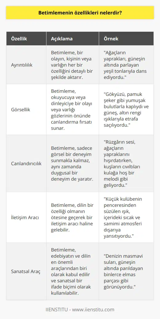 Betimleme, bir olayın veya varlığın detaylarına, özelliklerine ve ayrıntılarına inerek onu gözler önüne serma ve yaşatma sanatıdır. Türk edebiyatında ve günlük hayatta sıklıkla karşımıza çıkan betimleme, aynı zamanda bir anlatım türlerinden biridir. Betimleme, bireylerin gördüklerini, deneyimlediklerini veya hayal ettiklerini, başkalarına detaylı ve anlamlı bir biçimde aktarmalarına olanak sağlar. Bu anlamda betimlemenin en özgün ve temel özellikleri; ayrıntılılık, görsellik ve canlandırıcılıktır.  Öncelikle, betimleme daima ayrıntılara yer verir. Bir olayın, kişinin veya varlığın her bir özelliği, betimleme sürecinde büyük önem taşır. İkinci olarak, betimlemenin en belirgin özelliklerinden biri de görselliktir. Betimleme, bireylere bir olayı veya varlığı gözlerinin önünde canlandırma fırsatı sağlar. Bu yüzden betimleme, yazılı ve sözlü dilin en görsel ve canlandırıcı unsurlarından biri olarak kabul edilir.  Son olarak, betimleme sadece görsel bir deneyim sunmakla kalmaz, aynı zamanda duygusal bir deneyim de yaratır. Bu anlamda betimleme, dinleyicisine veya okuyucusuna duyusal bir deneyim yaşatabilir. Betimleme türü, eğitim sürecinde ve hayatın birçok alanında kullanılır. Bu sebeple, betimleme tekniklerini etkin bir şekilde kullanabilmek ve bu beceriyi geliştirebilmek, her birey için büyük önem taşır.   Öyle ki, betimleme yalnızca dilin bir özelliği olmanın ötesine geçer ve bir iletişim aracı, hatta sanatsal bir araç haline gelebilir. Kimi zaman bir hikayeyi daha anlamlı ve etkileyici hale getirebilir, kimi zaman ise bir olayı daha net ve ayrıntılı bir şekilde aktarabilir. Betimleme sanatı, dilin ve edebiyatın en önemli araçlarından biri olarak kabul edilir ve her bireyin bu teknikleri öğrenmesi ve geliştirmesi gerektiği düşünülür.