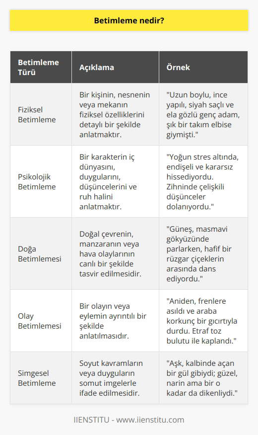 Bir ortamın özelliklerini canlandıracak şekilde yazı ve sözle anlatmaktır. Bir kavramın göz önünde canlandıracak bir şekilde kendine özgü yönlerini vurgulayarak tasvir edilmesidir. Bir durumun ya da bir kavramın fotoğrafının çekilmesine denir.