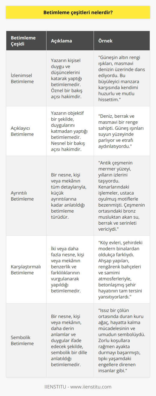 İki çeşidi bulunur. Bunlar; izlenimsel ve açıklayıcıdır. İkiye ayrılmasının nedeni yazarın anlatıma duygularını katıp katmaması durumudur.