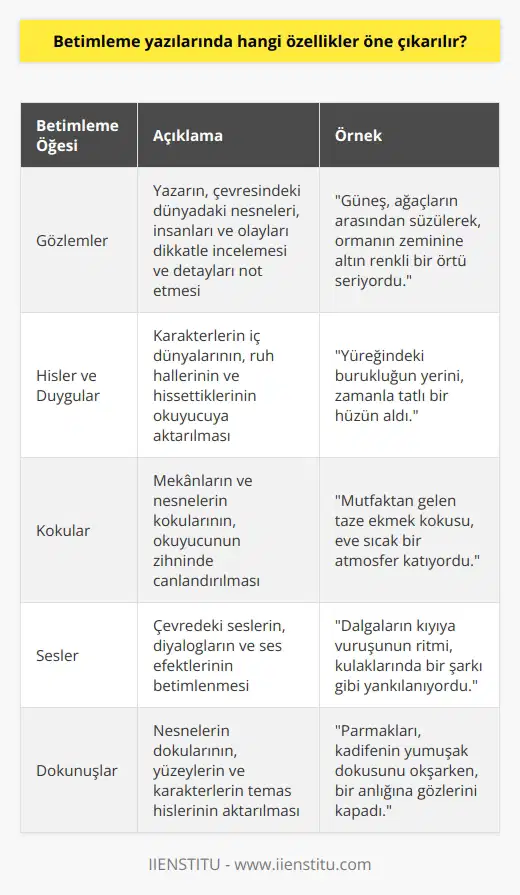 Betimleme yazılarında, gözlemler, hisler, duygular, kokular, sesler, tatlar ve dokunuşlar öne çıkarılır. Yazarlar, okuyuculara olayların detaylarını ve renklerini anlatmak için anlatım teknikleri kullanırlar. Betimleyici detaylar aracılığıyla, okuyucuların olayın ayrıntılarını ve olayın hissedilmesini sağlayan duygu ve düşünceleri algılamasını kolaylaştırır. Betimlemeler, okuyucuların hayal gücünü harekete geçirerek, olayların derinliklerine ulaşmalarına yardımcı olur.