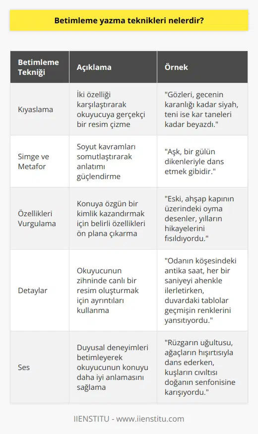 1. Kıyaslama: Kıyaslama, okuyucuya gerçekçi bir resim çizmek için kullanılan bir betimleme tekniğidir. Yazar, konuyla ilgili iki özelliği karşılaştırmak için kullanır. 2. Simge ve Metaför: Simge ve metaförler, okuyuculara anlatılmak istenen şeyi daha kolay anlamasını sağlamak için kullanılan bir betimleme tekniğidir. 3. Özellikleri Vurgulama: Özellikleri vurgulama, anlatılan konuya özgün bir kimliğe sahip olmasını sağlamak için kullanılan bir betimleme tekniğidir. 4. Detaylar: Detaylar, okuyucuya daha gerçekçi bir resim çizmek için kullanılan bir betimleme tekniğidir. 5. Ses: Ses, okuyucuya anlatılan konu hakkında daha derin bir anlayış kazandırmak için kullanılan bir betimleme tekniğidir.