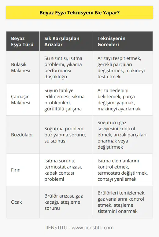 Beyaz eşya teknisyeni arızalı beyaz eşyaların tamirini yapar. Teknisyenler tüm beyaz eşya çeşitlerini (bulaşık makinesi, çamaşır makinesi, buzdolabı, fırın, ocak, davlumbaz, vb.) tamir etmek, onarımını yapmak ve bakımını sağlamak için yetkili servis sağlayıcıları tarafından yetkilendirilmiştir. Teknisyenler ayrıca arızalı parçaları değiştirmek, parçaların nasıl çalıştığını anlamak ve kontrol etmek, arızalı beyaz eşyaların bakımını ve temizliğini yapmak gibi görevleri de yerine getirebilirler.