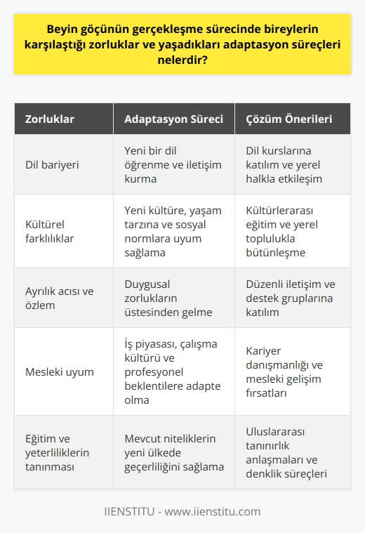 Beyin göçü sürecinde bireylerin karşılaştığı zorluklar ve yaşadıkları adaptasyon süreçleri oldukça çeşitli ve karmaşıktır. Öncelikle, dil bariyeri söz konusudur. Birçok kişi göç edeceği ülkenin dilini yeterli seviyede bilmez ve bu da başta iletişim sorunlarına neden olur. Yeni bir dil öğrenmek ve oradaki yaşama uyum sağlamak zaman alıcı ve zorlu bir süreçtir. Bununla birlikte, kültürel farklılıklar ve sosyal kabul de büyük bir meydan okumadır. Göç edilen ülkenin kültürüne, yaşam tarzına ve sosyal normlarına uyum sağlamak çoğu zaman stresli ve yorucudur. Ayrıca bu süreçte ayrılık acısı ve aile ve arkadaşların özlemi de hayli zorlayıcıdır. Mesleki açıdan da, göç eden kişi genellikle ülkedeki iş piyasasına, çalışma kültürüne ve profesyonel beklentilere uyum sağlamaya çalışır. Bu durum onların mesleki kimlikleri ve kariyer hedefleri üzerinde de stres oluşturur. Öte yandan göç menün bir ülkeden diğerine geçişte tanınma ve eşdeğerlik sorunları vardır. Yani bir kişinin eğitim ve mesleki yeterliliklerinin yeni ülkede tam olarak tanınmaması durumu söz konusudur. Sonuç olarak, beyin göçü sürecinde bireyler hem kişisel hem de profesyonel düzeyde bir dizi zorlukla karşılaşır. Ancak, bu zorluklar genellikle zamanla ve doğru destekle aşılabilir. Bu nedenle, göç sürecinde bireylere rehberlik ve destek sağlamak, onların yeni yaşamlarına daha hızlı ve etkili bir şekilde uyum sağlamalarına yardımcı olabilir. Beyin göçünün olumsuz etkilerini asgari düzeye indirgemek için hem gönderen hem de alıcı ülkelerin uyum ve entegrasyon politikalarına daha fazla önem vermesi gerekmektedir.