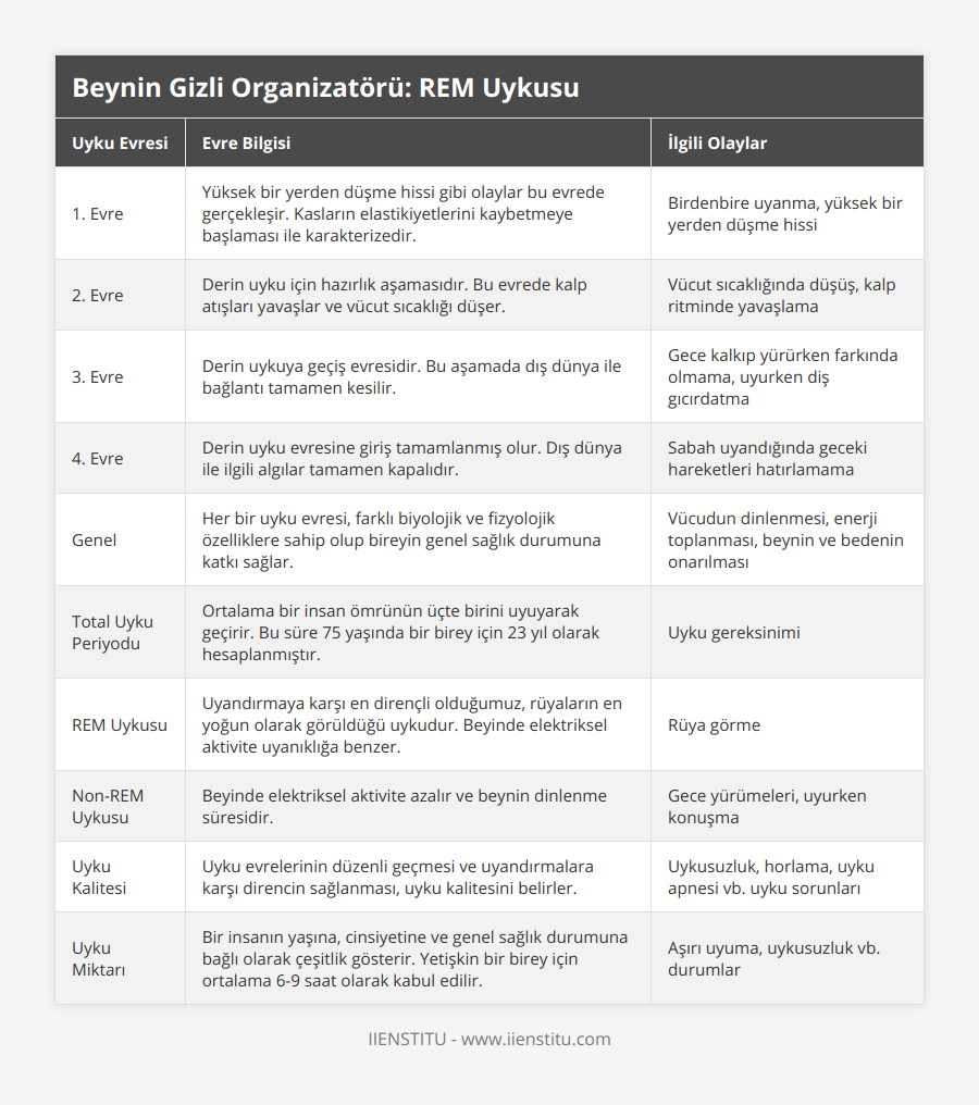 1 Evre, Yüksek bir yerden düşme hissi gibi olaylar bu evrede gerçekleşir Kasların elastikiyetlerini kaybetmeye başlaması ile karakterizedir, Birdenbire uyanma, yüksek bir yerden düşme hissi, 2 Evre, Derin uyku için hazırlık aşamasıdır Bu evrede kalp atışları yavaşlar ve vücut sıcaklığı düşer, Vücut sıcaklığında düşüş, kalp ritminde yavaşlama, 3 Evre, Derin uykuya geçiş evresidir Bu aşamada dış dünya ile bağlantı tamamen kesilir, Gece kalkıp yürürken farkında olmama, uyurken diş gıcırdatma, 4 Evre, Derin uyku evresine giriş tamamlanmış olur Dış dünya ile ilgili algılar tamamen kapalıdır, Sabah uyandığında geceki hareketleri hatırlamama, Genel, Her bir uyku evresi, farklı biyolojik ve fizyolojik özelliklere sahip olup bireyin genel sağlık durumuna katkı sağlar, Vücudun dinlenmesi, enerji toplanması, beynin ve bedenin onarılması, Total Uyku Periyodu, Ortalama bir insan ömrünün üçte birini uyuyarak geçirir Bu süre 75 yaşında bir birey için 23 yıl olarak hesaplanmıştır, Uyku gereksinimi, REM Uykusu, Uyandırmaya karşı en dirençli olduğumuz, rüyaların en yoğun olarak görüldüğü uykudur Beyinde elektriksel aktivite uyanıklığa benzer, Rüya görme, Non-REM Uykusu, Beyinde elektriksel aktivite azalır ve beynin dinlenme süresidir, Gece yürümeleri, uyurken konuşma, Uyku Kalitesi, Uyku evrelerinin düzenli geçmesi ve uyandırmalara karşı direncin sağlanması, uyku kalitesini belirler, Uykusuzluk, horlama, uyku apnesi vb uyku sorunları, Uyku Miktarı, Bir insanın yaşına, cinsiyetine ve genel sağlık durumuna bağlı olarak çeşitlik gösterir Yetişkin bir birey için ortalama 6-9 saat olarak kabul edilir, Aşırı uyuma, uykusuzluk vb durumlar