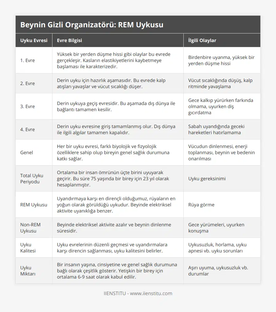 1 Evre, Yüksek bir yerden düşme hissi gibi olaylar bu evrede gerçekleşir Kasların elastikiyetlerini kaybetmeye başlaması ile karakterizedir, Birdenbire uyanma, yüksek bir yerden düşme hissi, 2 Evre, Derin uyku için hazırlık aşamasıdır Bu evrede kalp atışları yavaşlar ve vücut sıcaklığı düşer, Vücut sıcaklığında düşüş, kalp ritminde yavaşlama, 3 Evre, Derin uykuya geçiş evresidir Bu aşamada dış dünya ile bağlantı tamamen kesilir, Gece kalkıp yürürken farkında olmama, uyurken diş gıcırdatma, 4 Evre, Derin uyku evresine giriş tamamlanmış olur Dış dünya ile ilgili algılar tamamen kapalıdır, Sabah uyandığında geceki hareketleri hatırlamama, Genel, Her bir uyku evresi, farklı biyolojik ve fizyolojik özelliklere sahip olup bireyin genel sağlık durumuna katkı sağlar, Vücudun dinlenmesi, enerji toplanması, beynin ve bedenin onarılması, Total Uyku Periyodu, Ortalama bir insan ömrünün üçte birini uyuyarak geçirir Bu süre 75 yaşında bir birey için 23 yıl olarak hesaplanmıştır, Uyku gereksinimi, REM Uykusu, Uyandırmaya karşı en dirençli olduğumuz, rüyaların en yoğun olarak görüldüğü uykudur Beyinde elektriksel aktivite uyanıklığa benzer, Rüya görme, Non-REM Uykusu, Beyinde elektriksel aktivite azalır ve beynin dinlenme süresidir, Gece yürümeleri, uyurken konuşma, Uyku Kalitesi, Uyku evrelerinin düzenli geçmesi ve uyandırmalara karşı direncin sağlanması, uyku kalitesini belirler, Uykusuzluk, horlama, uyku apnesi vb uyku sorunları, Uyku Miktarı, Bir insanın yaşına, cinsiyetine ve genel sağlık durumuna bağlı olarak çeşitlik gösterir Yetişkin bir birey için ortalama 6-9 saat olarak kabul edilir, Aşırı uyuma, uykusuzluk vb durumlar