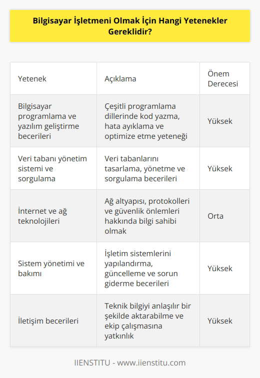 1. Bilgisayar programlama ve yazılım geliştirme becerileri 2. Veri tabanı yönetim sistemi ve sorgulama 3. İnternet ve ağ teknolojileri 4. Sistem yönetimi ve bakımı 5. Donanım bilgisi ve arıza tespiti 6. İletişim becerileri 7. Müşteri desteği ve hizmet 8. Proje yönetimi ve planlama 9. Veri güvenliği