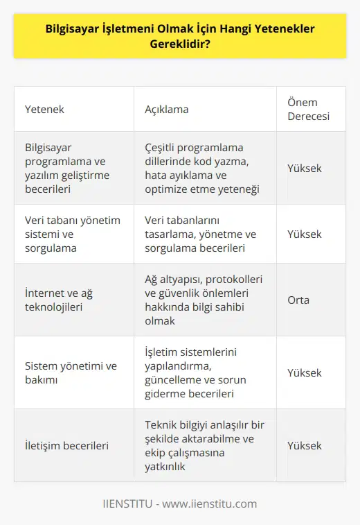 1. Bilgisayar programlama ve yazılım geliştirme becerileri 2. Veri tabanı yönetim sistemi ve sorgulama 3. İnternet ve ağ teknolojileri 4. Sistem yönetimi ve bakımı 5. Donanım bilgisi ve arıza tespiti 6. İletişim becerileri 7. Müşteri desteği ve hizmet 8. Proje yönetimi ve planlama 9. Veri güvenliği