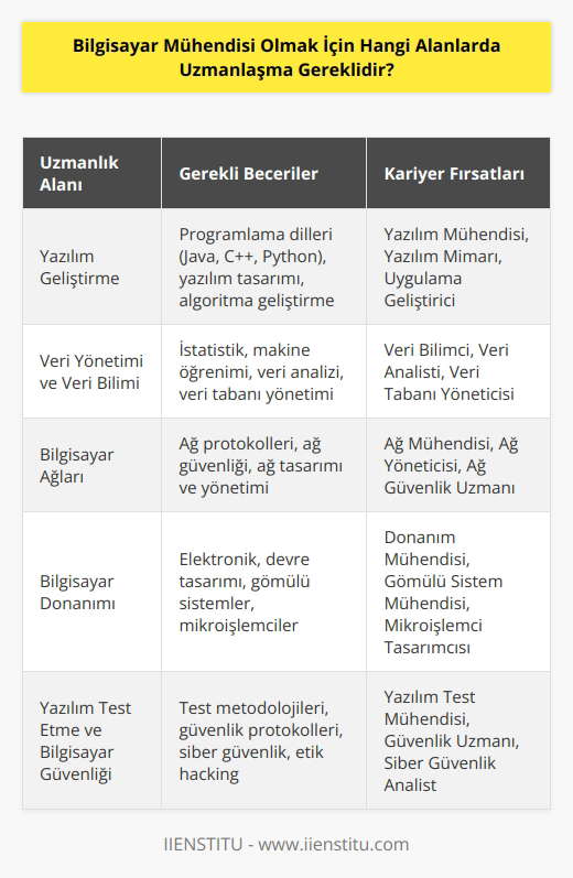 Bilgisayar Mühendisi olmak için, uzmanlaşma alanları arasında yazılım geliştirme, veri yönetimi, veri bilimi,   , bilgisayar ağları, bilgisayar donanımı, veri tabanı sistemleri, yazılım test etme, bilgisayar güvenliği ve bulut bilişim yer alır.