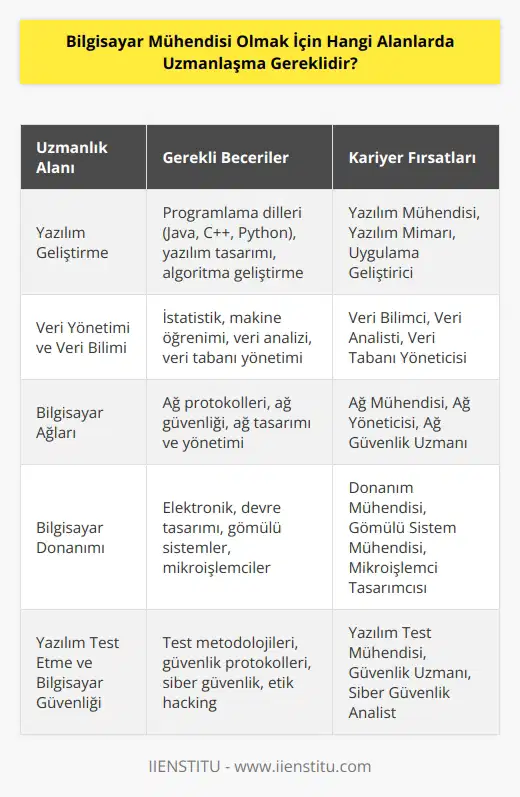 Bilgisayar Mühendisi olmak için, uzmanlaşma alanları arasında yazılım geliştirme, veri yönetimi, veri bilimi, , bilgisayar ağları, bilgisayar donanımı, veri tabanı sistemleri, yazılım test etme, bilgisayar güvenliği ve bulut bilişim yer alır.