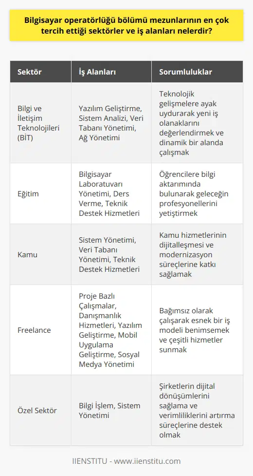 Bilgi ve İletişim Teknolojileri Sektörü     bölümü mezunları, bilgi ve    (BİT) sektöründe yaygın olarak tercih edilen profesyonel kadrolarda yer almaktadır. Bu sektörde yazılım geliştirme, sistem analizi, veri tabanı yönetimi ve ağ yönetimi gibi alanlar bulunmaktadır. BİT sektörü, teknolojik gelişmelerin hızla devam etmesi nedeniyle sürekli olarak yeni iş olanakları sunan dinamik bir alandır.  Eğitim Sektörü     mezunları ayrıca eğitim sektöründe de tercih edilmektedir. Özellikle üniversiteler, meslek yüksekokulları ve özel eğitim kurumlarında bilgisayar laboratuvarlarının yönetimi, derslerin verilmesi ve teknik destek hizmetlerinin sağlanması gibi görevlerde bulunmaktadırlar. Bu alanda, mezunların öğrencilere bilgi aktarımında bulunarak, geleceğin profesyonellerini yetiştirme sorumluluğu bulunmaktadır.  Kamu Sektörü   bölümü mezunları, kamu sektöründe de çeşitli iş olanaklarına sahiptir. Devlet kurumları ve belediyelerde    birimlerinde göreve başlayarak, kamu hizmetlerinin dijitalleşmesi ve modernizasyon süreçlerine katkı sağlamaktadırlar. Kamu sektöründe istihdam edilen mezunlar, genellikle sistem yönetimi, veri tabanı yönetimi ve teknik destek hizmetleri gibi görevlerde bulunmaktadır.  Freelance Çalışma  Bilgisayar operatörlüğü mezunları, aldıkları eğitim sayesinde bağımsız olarak da çalışma imkanına sahiptirler. Özellikle proje bazlı çalışmalar ve danışmanlık hizmetleri sunarak, freelance çalışma modelini benimseyebilirler. Bu alanda   ı, mobil uygulama geliştirme, yazılım geliştirme ve sosyal medya yönetimi gibi hizmetler sunarak, işlerini esnek bir şekilde yürütebilirler.  Özel Sektör  Bilgisayar operatörlüğü mezunları, özel sektörde de farklı iş alanlarında yer alabilmektedir. Özellikle teknoloji şirketleri, finans ve bankacılık, telekomünikasyon, e-ticaret ve medya gibi sektörlerde bilgi işlem ve sistem yönetimi alanlarında görev alabilirler. Bu sektörlerde çalışan bilgisayar operatörleri, şirketlerin dijital dönüşümlerini sağlama ve verimliliklerini artırma süreçlerine destek olmaktadırlar.