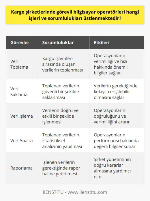 Kargo şirketlerinde görevli bilgisayar operatörleri, genellikle veri hazırlama ve kontrol işlerini üstlenirler. Bu durum genelde verilerin toplanması, saklanması ve gerekli olduğunda rapor haline getirilmesi şeklini alır. Operatörler aynı zamanda bu verilerin doğru ve etkili bir şekilde işlenip işlenmediğini kontrol ederler.   Ayrıca, bilgisayar operatörleri, topladıkları verilerin kargo işlemleri sırasında çıkan her türlü istatistiksel bilgiyi analiz etme sorumluluğun da taşırlar. Böylece, operasyonların verimliliği, hızı ve doğruluğu ile ilgili önemli bilgiler sağlarlar.   Verisenin doğruluğu, hızlı bir şekilde işlenmesi ve gerektiğinde kolayca erişilebilir olması, kargo şirketlerinin işleyişinin kritik bir bileşenidir. Bu nedenle, bilgisayar operatörlerinin performansı ve yetenekleri, kargo şirketlerinin genel başarısı üzerinde önemli bir etkiye sahiptir.   Sonuç olarak, kargo şirketlerinde çalışan bilgisayar operatörleri, önemli ve çok yönlü bir rol oynarlar. Veri toplama, saklama, işleme ve analiz etme gibi sorumlulukları ile şirketlerin operasyonel verimliliklerini ve genel başarılarını olumlu yönde etkileyebilirler.