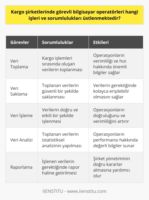 Kargo şirketlerinde görevli bilgisayar operatörleri, genellikle veri hazırlama ve kontrol işlerini üstlenirler. Bu durum genelde verilerin toplanması, saklanması ve gerekli olduğunda rapor haline getirilmesi şeklini alır. Operatörler aynı zamanda bu verilerin doğru ve etkili bir şekilde işlenip işlenmediğini kontrol ederler. Ayrıca, bilgisayar operatörleri, topladıkları verilerin kargo işlemleri sırasında çıkan her türlü istatistiksel bilgiyi analiz etme sorumluluğun da taşırlar. Böylece, operasyonların verimliliği, hızı ve doğruluğu ile ilgili önemli bilgiler sağlarlar. Verisenin doğruluğu, hızlı bir şekilde işlenmesi ve gerektiğinde kolayca erişilebilir olması, kargo şirketlerinin işleyişinin kritik bir bileşenidir. Bu nedenle, bilgisayar operatörlerinin performansı ve yetenekleri, kargo şirketlerinin genel başarısı üzerinde önemli bir etkiye sahiptir. Sonuç olarak, kargo şirketlerinde çalışan bilgisayar operatörleri, önemli ve çok yönlü bir rol oynarlar. Veri toplama, saklama, işleme ve analiz etme gibi sorumlulukları ile şirketlerin operasyonel verimliliklerini ve genel başarılarını olumlu yönde etkileyebilirler.
