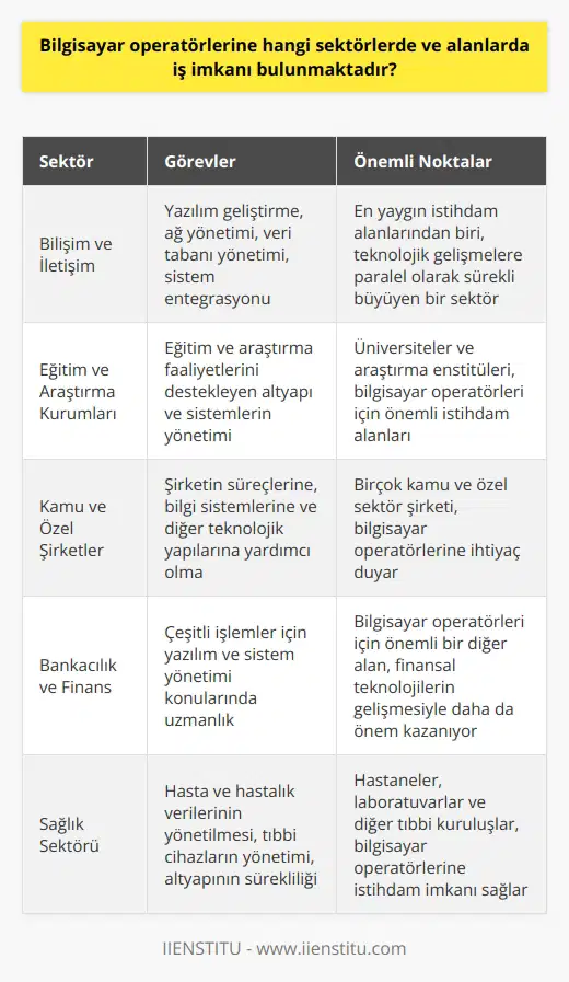 ve İletişim Sektörü  Bilgisayar operatörlerinin en yaygın çalıştığı alanların başında,  ve iletişim sektörü gelmektedir. Bu sektörlerde, operatörlere yazılım geliştirme, ağ yönetimi, veri tabanı yönetimi ve sistem entegrasyonu gibi görevlerde iş imkanı sunulmaktadır.  Eğitim ve Araştırma Kurumları  Üniversiteler ve araştırma enstitüleri, bilgisayar operatörleri için diğer önemli istihdam alanlarıdır. Bu alanlarda görev alan operatörler, eğitim ve araştırma faaliyetlerini destekleyen altyapı ve sistemleri yönetirler.  Kamu ve Özel Şirketler  Birçok kamu ve özel sektör şirketi, bilgisayar operatörlerine ihtiyaç duyarlar. Bu firmalarda çalışan operatörler, şirketin süreçlerine, bilgi sistemlerine ve diğer teknolojik yapılarına yardımcı olurlar.  Bankacılık ve Finans Sektörü  Bilgisayar operatörleri için önemli bir diğer alan olan bankacılık ve finans sektöründe, operatörler çeşitli işlemler için yazılım ve sistem yönetimi konularında uzmanlaşırlar.  Sağlık Sektörü  Bilgisayar operatörleri, hastaneler, laboratuvarlar ve diğer tıbbi kuruluşlar için iş imkanı bulurlar. Sağlık alanında görev alan operatörlere; hasta ve hastalık verilerinin yönetilmesi, tıbbi cihazların yönetimi ve altyapının sürdürülebilirliği gibi görevler emanet edilir.  E-ticaret ve Pazarlama  Dijital pazarlama ve e-ticaret siteleri, sürekli teknolojik güncellemelere ihtiyaç duyduklarından dolayı, bilgisayar operatörlerine istihdam imkanı sağlarlar. Bu alanlarda çalışan operatörler, sitelerin yönetimi, veri analizi ve kullanıcı deneyimi için çalışırlar.  Sonuç olarak, bilgisayar operatörlerinin çalıştığı alanlar ve sektörler oldukça çeşitlidir ve sayıları gün geçtikçe artmaktadır. Bilgisayar operatörleri, teknolojinin sürekli gelişmesine paralel olarak, yeni ve farklı iş imkanlarına sahip olmaktadırlar.