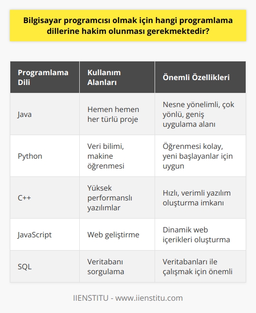 Bilgisayar programcısı olmak için bir dizi ne hakim olunması gerekmektedir. Her ne kadar seçim genellikle belirli bir projeye veya özel bir işe bağlı olsa da, bazı diller diğerlerinden daha yaygın olup, bu nedenle programcıların geniş bir bilgi tabanına sahip olmaları gerekmektedir. İşte hakim olmanız gereken bazı önemli programlama dilleri: Java: Java, hemen hemen her türlü proje için kullanılabilen, nesne yönelimli bir dir. Dolayısıyla, bir bilgisayar programcısı Java diline hakim olmalıdır. Javanın çok yönlü bir dil olması ve geniş bir uygulama alanına sahip olması bu dilin önemini artırmaktadır. Python: Python, özellikle veri bilimi ve makine öğrenmesi uygulamalarında popüler olan bir diğer dir. k kolaydır ve genellikle yeni başlayan programcılar için en uygun seçimdir. C++: C++, yüksek performanslı yazılımlar geliştirmede popüler bir dildir. Bu programlama diline hakim olmak, programcının hızlı, verimli yazılım oluşturmasına olanak sağlar. JavaScript: Web geliştirmeyi hedefleyen bir programcının bilmesi gereken bir başka dil JavaScripttir. JavaScript, kullanıcıların bir web sitesinde gördüğü dinamik içeriklerin oluşturulmasında kullanılır. SQL: SQL, veritabanı sorgulamada kullanılan bir dildir ve bir programcının mutlaka bilmesi gereken bir araçtır. Veritabanları ile çalışma olasılığı yüksek olan her türlü iş için SQL diline hakim olmak çok önemlidir. Yukarıda belirtilen diller, bir bilgisayar programcısının bilmesi gereken temel diller arasında yer almaktadır. Ancak, teknolojinin hızla ilerlemesi ve yeni dillerin geliştirilmesi ile programcıların sürekli olarak yeni beceriler ve diller öğrenmeleri gerekmektedir. Yani, bir bilgisayar programcısı olmak, durmaksızın öğrenmeyi ve bilgilerinizi sürekli güncel tutmayı gerektirir.