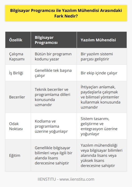 Bir Bilgisayar Programcısı bütün bir programın kodunu yazar, ise bir sistem oluşturmak için farklı yazılım sistemi mühendisleri tarafından yazılan parçalarla birleştirilecek bir yazılım sistemi parçası geliştirir. Programlama öncelikle tek kişilik bir faaliyettir, temelde bir ekip faaliyetidir. Programcı, nın yolunun farkındadır ve önemli işler yaratmak için gereken teknik becerilere sahiptir, , ihtiyaçları anlamak, paydaşlarla birlikte çalışmak ve onların ihtiyaçlarını karşılayan bir cevap geliştirmek için bilimsel bir yöntem izlemektedir.