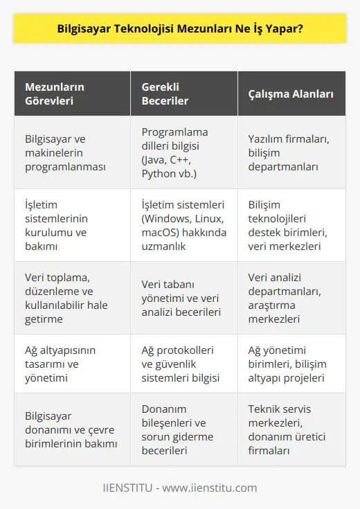Bilgisayar teknolojisi mezunları, bilgisayarların ve makinelerin programlamasından sorumludur. Tüm bilgisayarların işletim sistemlerinin kurulumunu yapmak ve sistemin düzgün çalışması ve bakımının yapılması temel görevleri arasındadır. Bilgisayar ortamında veri toplamak, düzenli ve sistemli bir şekilde yerleştirmek ve kullanılabilir hale getirmek mezunların diğer önemli görevlerindendir.
