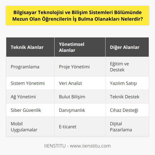 Öğrencilerin iş bulma olanakları çok sayıda ve çeşitlidir. Bilgisayar Teknolojisi ve Bilişim Sistemleri Bölümünden mezun olanlar, teknik alanlarda çalışabilecekleri gibi, yönetimsel veya diğer alanlarda da çalışma imkanlarına sahiptir. Mezunlar, programlama, sistem yönetimi, veri tabanı yönetimi, ağ yönetimi, veri yönetimi, bilgisayar donanımı ve yazılımı, internet teknolojileri, yazılım projeleri, veri analizi, veri güvenliği, siber güvenlik, akıllı sistemler veya akıllı cihazlar, mobil uygulamalar, robotik, bilgisayar grafiği, e-ticaret ve dijital pazarlama gibi alanlarda çalışabilirler. Ayrıca, yazılım geliştirme, sistem ve veri analizi, veri güvenliği, bilgisayar donanımı ve yazılımı, ağ mimarisi, mühendislik, yazılım testi, sistem yönetimi, bulut bilişim gibi alanlarda da çalışabilirler. Öğrenciler, aynı zamanda, konsültasyon, eğitim ve destek, yazılım satışı, teknik destek, sistem yöneticiliği, cihaz desteği, danışmanlık gibi hizmetleri de sunabilirler.