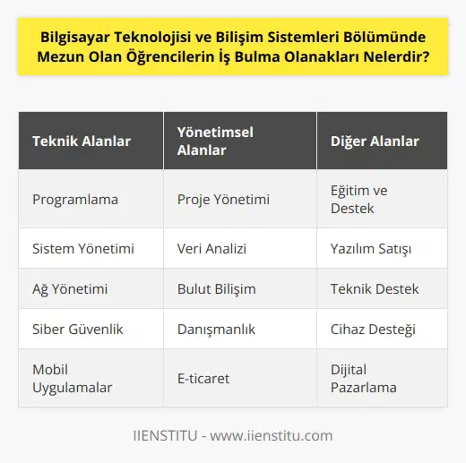 Öğrencilerin iş bulma olanakları çok sayıda ve çeşitlidir. Bilgisayar Teknolojisi ve Bilişim Sistemleri Bölümünden mezun olanlar, teknik alanlarda çalışabilecekleri gibi, yönetimsel veya diğer alanlarda da çalışma imkanlarına sahiptir. Mezunlar, programlama, sistem yönetimi, veri tabanı yönetimi, ağ yönetimi, veri yönetimi, bilgisayar donanımı ve yazılımı, internet teknolojileri, yazılım projeleri, veri analizi, veri güvenliği, siber güvenlik, akıllı sistemler veya akıllı cihazlar, mobil uygulamalar, robotik, bilgisayar grafiği, e-ticaret ve dijital pazarlama gibi alanlarda çalışabilirler. Ayrıca, yazılım geliştirme, sistem ve veri analizi, veri güvenliği, bilgisayar donanımı ve yazılımı, ağ mimarisi, mühendislik, yazılım testi, sistem yönetimi, bulut bilişim gibi alanlarda da çalışabilirler. Öğrenciler, aynı zamanda, konsültasyon, eğitim ve destek, yazılım satışı, teknik destek, sistem yöneticiliği, cihaz desteği, danışmanlık gibi hizmetleri de sunabilirler.