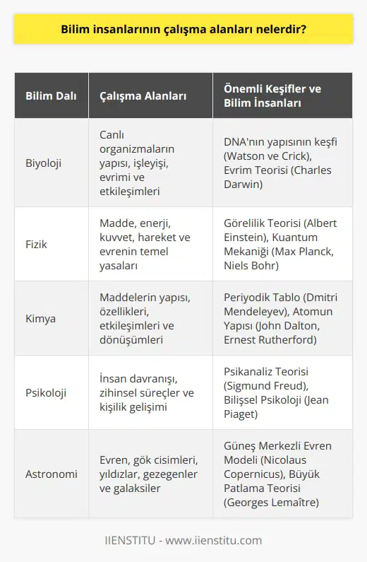 Bilim insanlarının çalışma alanları arasında biyoloji, kimya, fizik, jeoloji, astronomi, matematik, psikoloji, ekoloji, tıp, tarih, filozofi, sosyoloji, ve diğer alanlarda araştırma ve keşifler yapmak sayılabilir.