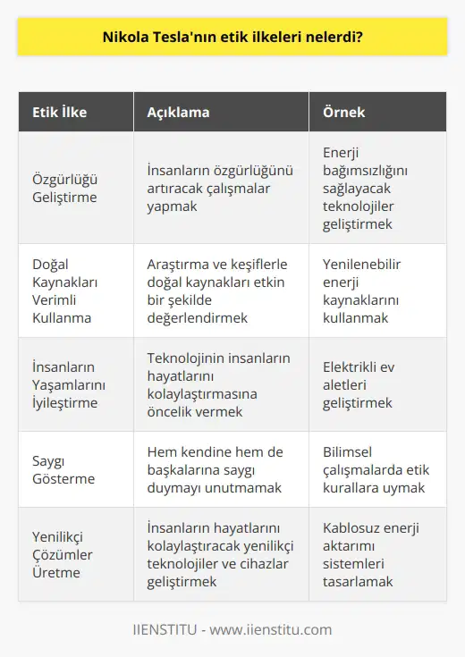 1. İnsanların özgürlüğünü geliştirmeye çalışın. 2. ve keşif yaparak doğal kaynakları verimli ve etkili bir şekilde kullanın. 3. Teknolojinin insanların yaşamlarını iyileştirmesini sağlamaya öncelik verin. 4. Her insanın kendine saygı göstermesi ve diğer insanları da aynı şekilde saygı göstermesi gerektiğini unutmayın. 5. İnsanların yaşamlarını kolaylaştırmak için yenilikçi teknolojiler ve cihazlar geliştirin. 6. İnsanların hayatlarını geliştirmek için ilham veren fikirler üretin. 7. Elektrik enerjisini etkili ve verimli bir şekilde kullanın. 8. İnsanların hayatlarını kolaylaştırmak için yenilikçi çözümler geliştirin. 9. İnsanların sağlığını ve toplumu iyileştirmek için yenilikçi teknolojiler ve cihazlar bulun. 10. İnsanların hayatlarını iyileştirmek için ekonomik ve sosyal çözümler geliştirin.