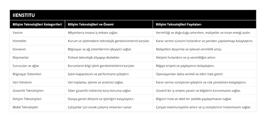 Yazılım, Milyonlarca insana iş imkanı sağlar, Verimliliği ve doğruluğu artırırken, maliyetler ve insan emeği azalır, Hizmetler, Kurum ve işletmelerin teknolojik gereksinimlerini karşılar, Karar verme sürecini hızlandırır ve yeniden yapılanmayı kolaylaştırır, Donanım, Bilgisayar ve ağ sistemlerinin işleyişini sağlar, Maliyetleri düşürme ve işlevsel verimlilik artışı, Ekipmanlar, Fiziksel teknolojik altyapıyı destekler, İletişimi hızlandırır ve iş verimliliğini artırır, Sunucular ve ağlar, Kurumların bilgi işlem gereksinimlerini karşılar, Bilgiye erişimi ve paylaşımını kolaylaştırır, Bilgisayar Sistemleri, İşlem kapasitesini ve performansı iyileştirir, Operasyonları daha verimli ve etkin hale getirir, Veri Yönetimi, Veri toplama, işleme ve analizini sağlar, Karar verme süreçlerini iyileştirir ve risk yönetimini kolaylaştırır, Güvenlik Teknolojileri, Siber güvenlik risklerine karşı koruma sağlar, Güvenli bir iş ortamı yaratır ve bilgilerin korunmasını sağlar, İletişim Teknolojileri, Dünya geneli iletişimi ve işbirliğini kolaylaştırır, Bilginin hızla ve etkili bir şekilde paylaşılmasını sağlar, Mobil Teknolojiler, Çalışanlar için esnek çalışma imkanları sunar, Çalışan memnuniyetini artırır ve iş süreçlerinin hızlanmasını sağlar