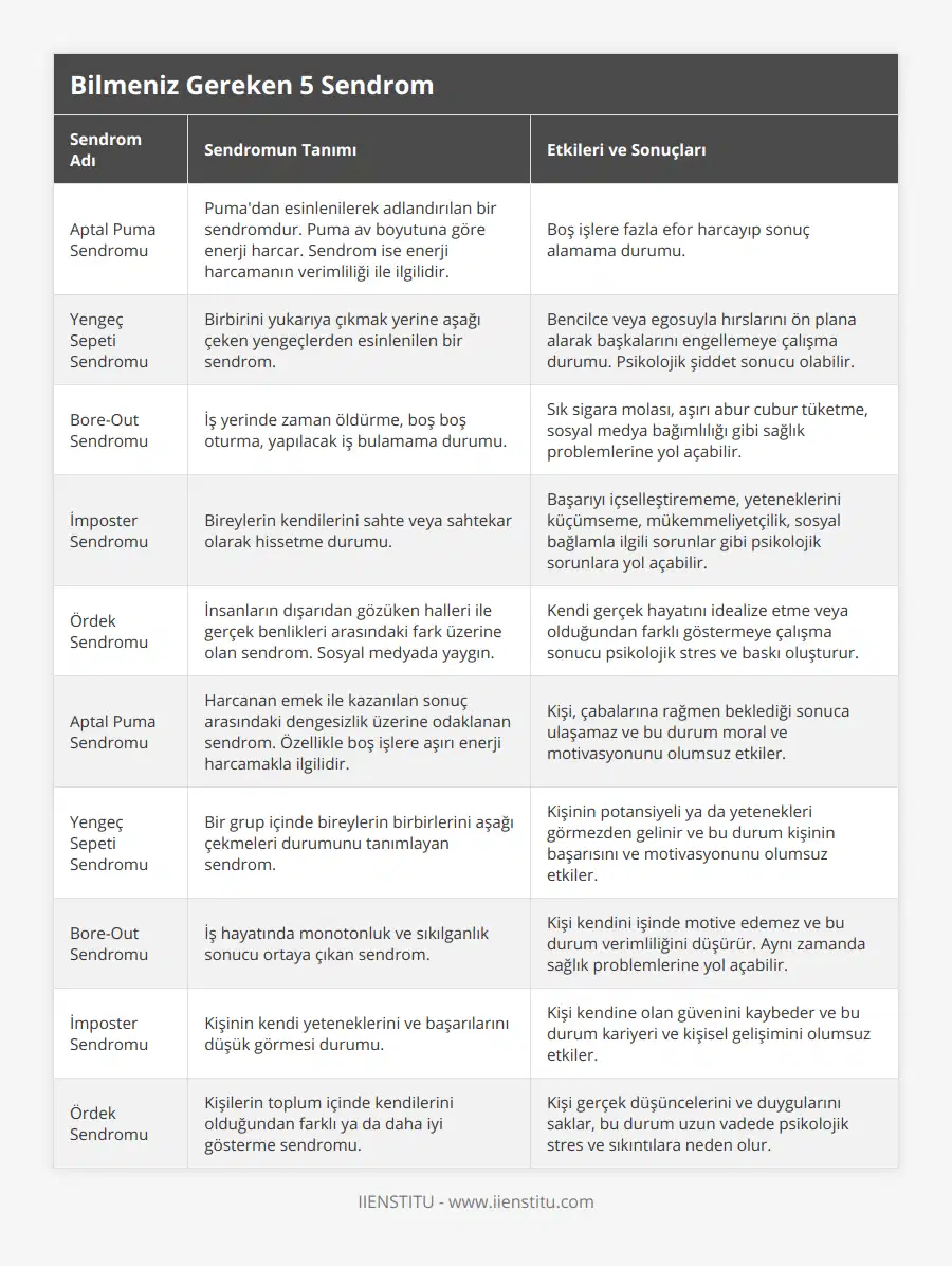 Aptal Puma Sendromu, Puma'dan esinlenilerek adlandırılan bir sendromdur Puma av boyutuna göre enerji harcar Sendrom ise enerji harcamanın verimliliği ile ilgilidir, Boş işlere fazla efor harcayıp sonuç alamama durumu, Yengeç Sepeti Sendromu, Birbirini yukarıya çıkmak yerine aşağı çeken yengeçlerden esinlenilen bir sendrom, Bencilce veya egosuyla hırslarını ön plana alarak başkalarını engellemeye çalışma durumu Psikolojik şiddet sonucu olabilir, Bore-Out Sendromu, İş yerinde zaman öldürme, boş boş oturma, yapılacak iş bulamama durumu, Sık sigara molası, aşırı abur cubur tüketme, sosyal medya bağımlılığı gibi sağlık problemlerine yol açabilir, İmposter Sendromu, Bireylerin kendilerini sahte veya sahtekar olarak hissetme durumu, Başarıyı içselleştirememe, yeteneklerini küçümseme, mükemmeliyetçilik, sosyal bağlamla ilgili sorunlar gibi psikolojik sorunlara yol açabilir, Ördek Sendromu, İnsanların dışarıdan gözüken halleri ile gerçek benlikleri arasındaki fark üzerine olan sendrom Sosyal medyada yaygın,  Kendi gerçek hayatını idealize etme veya olduğundan farklı göstermeye çalışma sonucu psikolojik stres ve baskı oluşturur, Aptal Puma Sendromu, Harcanan emek ile kazanılan sonuç arasındaki dengesizlik üzerine odaklanan sendrom Özellikle boş işlere aşırı enerji harcamakla ilgilidir, Kişi, çabalarına rağmen beklediği sonuca ulaşamaz ve bu durum moral ve motivasyonunu olumsuz etkiler, Yengeç Sepeti Sendromu, Bir grup içinde bireylerin birbirlerini aşağı çekmeleri durumunu tanımlayan sendrom, Kişinin potansiyeli ya da yetenekleri görmezden gelinir ve bu durum kişinin başarısını ve motivasyonunu olumsuz etkiler, Bore-Out Sendromu, İş hayatında monotonluk ve sıkılganlık sonucu ortaya çıkan sendrom, Kişi kendini işinde motive edemez ve bu durum verimliliğini düşürür Aynı zamanda sağlık problemlerine yol açabilir, İmposter Sendromu, Kişinin kendi yeteneklerini ve başarılarını düşük görmesi durumu, Kişi kendine olan güvenini kaybeder ve bu durum kariyeri ve kişisel gelişimini olumsuz etkiler, Ördek Sendromu, Kişilerin toplum içinde kendilerini olduğundan farklı ya da daha iyi gösterme sendromu, Kişi gerçek düşüncelerini ve duygularını saklar, bu durum uzun vadede psikolojik stres ve sıkıntılara neden olur