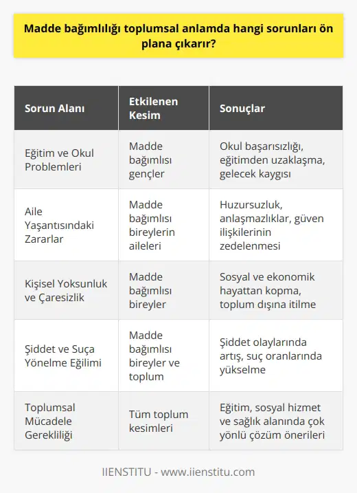 Madde Bağımlılığı ve Toplumsal Sorunlar Madde bağımlılığı, günümüzde karşı karşıya olduğumuz önemli sorunlardan biridir ve başta maddeyi kullananlar olmak üzere aile ve sosyal çevre üzerinde olumsuz etkiler yaratmaktadır. Bu bağlamda madde bağımlılığının toplumsal anlamda ön plana çıkardığı sorunlar şu şekilde sıralanabilir; Eğitim ve Okul Problemleri Madde bağımlısı gençlerin eğitim süreçlerinde çeşitli zorluklar yaşamaları, okulda başarısız olmaları ve hatta okuldan uzaklaşmaları ile sonuçlanmaktadır. Bu durum, gençlerin gelecekleri açısından büyük bir kayıp olup toplumun insan kaynağı konusunda sıkıntılar yaşamasına neden olmaktadır. Aile Yaşantısındaki Zararlar Madde bağımlısı bireylerin aile ilişkileri üzerinde olumsuz etkileri bulunmaktadır. Aile içinde huzursuzluklar, anlaşmazlıklar ve çatışmalar yaşanırken, aynı zamanda aile bireyleri arasındaki güven ilişkileri de zedelemektedir. Kişisel Yoksunluk ve Çaresizlik Madde bağımlısı bireyler, yaşadıkları sağlık ve sosyal problemler nedeniyle bir yoksunluk ve çaresizlik içerisinde bulunurlar. Bu durum, bireyin sosyal ve ekonomik hayattan kopmasına ve toplum dışına itilmesine yol açmaktadır. Şiddet ve Suça Yönelme Eğilimi Madde bağımlılığı, genellikle şiddet ve suç eylemlerine s p olan bir faktör olarak ele alınmaktadır. Bağımlılıkla başa çıkabilmek ve maddiyatla ilgili sıkıntıları aşabilmek adına, bireyler şiddete veya suça başvurabilmektedir. Özellikle gençler üzerinde zararlı etkileri olan madde bağımlılığının önüne geçmek adına, eğitim ve sosyal rehabilitasyon programları uygulanmalıdır. Gençlerin psikolojik ve sosyal açıdan dayanıklı olmalarını sağlamak, kişisel gelişimlerine katkıda bulunmak ve sosyal ilişkilerini güçlendirmeye yönelik çözüm önerileri önemlidir. Sonuç olarak, madde bağımlılığı toplum ve birey üzerinde pek çok olumsuz etki yaratmaktadır. Bu sorunun önüne geçmek ve buna karşı mücadele etmek adına, eğitim, sosyal hizmet ve sağlık alanında çok yönlü çözüm önerilerine ihtiyaç bulunmaktadır.
