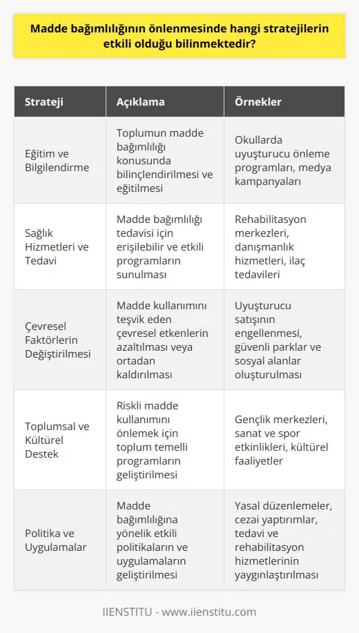 1. Eğitici ve bilgilendirici programların geliştirilmesi. 2. Madde bağımlılığının önlenmesi için sağlık hizmetleri ve tedavi programlarının sunulması. 3. Çevresel faktörlerin değiştirilmesi. 4. Madde kullanımını destekleyen öğelerin kaldırılması veya azaltılması. 5. Riskli madde kullanımının önlenmesi için çeşitli toplumsal ve kültürel destek programlarının geliştirilmesi. 6. Aile ve arkadaş desteğinin artırılması. 7. Madde bağımlılığına yönelik politika ve uygulamaların geliştirilmesi. 8. Stigmatizasyon ve ayrımcılık karşısında insan haklarına uygun yaklaşımların desteklenmesi.