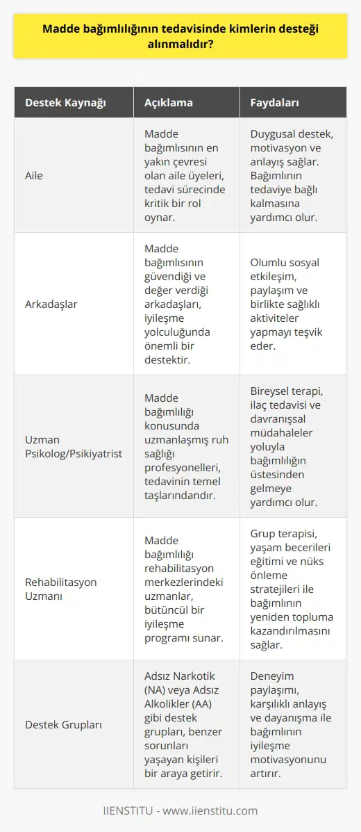 Madde bağımlılığının tedavisinde, madde bağımlısının ailesinin, arkadaşlarının ve yakınlarının desteği önemlidir. Ayrıca, mesleki destek alınması da önerilmektedir. Uzman bir psikolog, psikiyatrist veya rehabilitasyon uzmanı tarafından destek sağlanması önerilir. Ayrıca, destek gruplarına katılmak da madde bağımlısı için önemli bir tedavi yöntemidir.