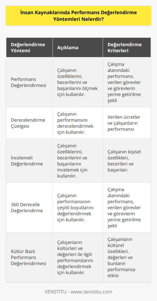 1. Performans Değerlendirmesi: Performans değerlendirmesi, bir çalışanın özelliklerini, becerilerini ve başarılarını ölçmek için kullanılan bir yöntemdir. Performans değerlendirmesi, çalışanın çalışma alanındaki performansını, kendisine verilen görevleri ve onları nasıl yerine getirdiğini incelemek için kullanılır.  2. Derecelendirme Çizelgesi: Derecelendirme çizelgesi, çalışanın performansını değerlendirmek için kullanılan bir yöntemdir. Derecelendirme çizelgesi, verilen ücretleri ve çalışanların performansını derecelendirmek için kullanılır.  3. İncelemeli Değerlendirme: İncelemeli değerlendirme, çalışanın performansını incelemek için kullanılan bir yöntemdir. İncelemeli değerlendirme, çalışanın özellikleri, becerileri ve başarılarını incelemek için kullanılır.  4. 360 Derecelik Değerlendirme: 360 derecelik değerlendirme, çalışanın performansının çeşitli boyutlarını değerlendirmek için kullanılan bir yöntemdir. 360 derecelik değerlendirme, çalışanın çalışma alanındaki performansını, kendisine verilen görevleri ve onları nasıl yerine getirdiğini incelemek için kullanılır.  5. Kültür Bazlı Performans Değerlendirmesi: Kültür bazlı performans değerlendirmesi, çalışanların kültürleri ve değerleri ile ilgili performanslarını değerlendirmek için kullanılan bir yöntemdir. Kültür bazlı performans değerlendirme, çalışanların çalışma alanındaki performanslarını, kendilerine verilen görevleri ve onları nasıl yerine getirdiklerini incelemek için kullanılır.