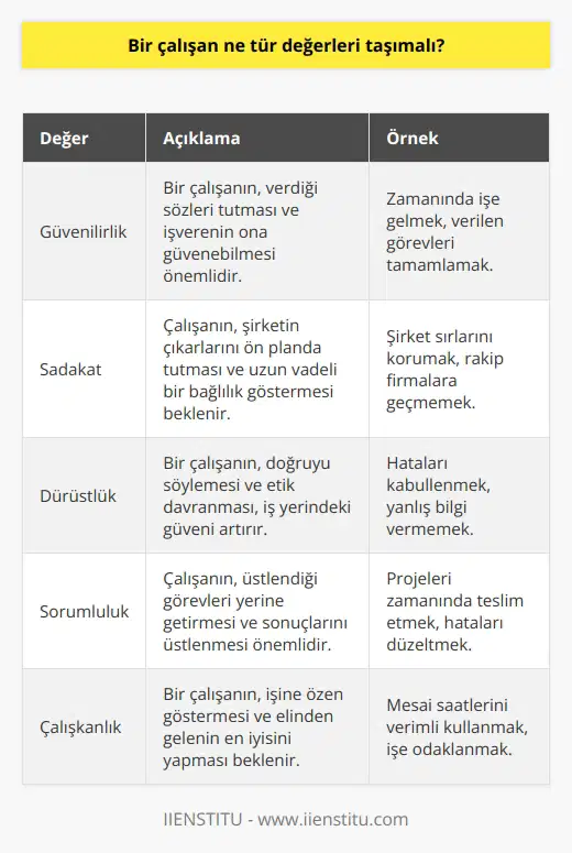 Bir çalışan, güvenilirlik, sadakat, dürüstlük, sorumluluk, çalışkanlık, iletişim becerileri, takım çalışması, özgüven ve disiplin gibi değerleri taşımalıdır.