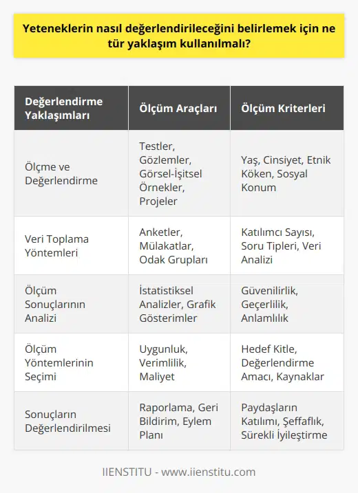 Bir yeteneğin değerlendirilmesi için kullanılabilecek yaklaşımlar, ölçme ve değerlendirme, ölçme ve değerlendirme için kullanılan ölçüm araçları (testler, gözlemler, görsel-işitsel örnekler, projeler vb.), ölçüm için kullanılan kriterler (yaş, cinsiyet, etnik köken, sosyal konum vb.),    (anketler, mülakatlar, odak grupları vb.), ölçümlerin analizi ve sonuçların değerlendirilmesi gibi farklı yaklaşımlar vardır. Ölçme ve değerlendirme işlemi, ölçüm araçlarının seçilmesiyle başlar ve ölçümlerin sonuçlarının değerlendirilmesiyle sona erer. Farklı ölçüm araçlarının kullanılmasının yanı sıra, ölçümlerin verimliliği için ölçüm yöntemlerinin iyi seçilmesi, ölçümlerin kullanımı için uygun ölçüm kriterlerinin seçilmesi ve sonuçların doğru okunması da önemlidir.