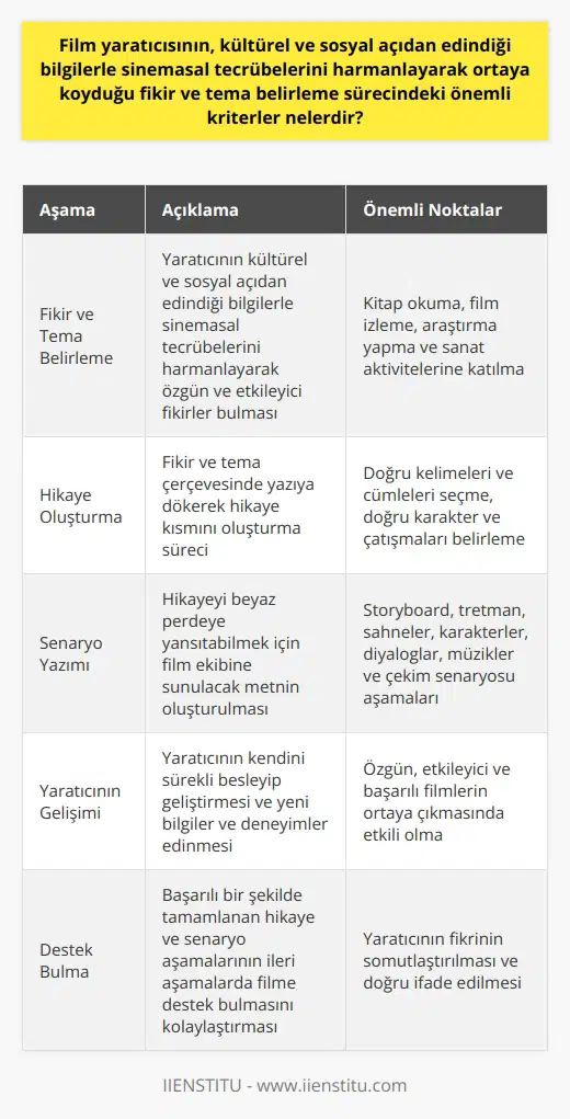 Sinemasal Tecrübe ve Kültürel Bilgi Birleşimi  Sinema filmi yapım sürecinde, yaratıcının kültürel ve sosyal açıdan edindiği bilgilerle sinemasal tecrübelerini harmanlayarak ortaya koyduğu fikir ve tema belirleme sürecindeki önemli kriterler birbirine bağlantılı olarak analiz edilmelidir. Bu süreçte yaratıcının kendini sürekli besleyip geliştirmesi gerekmekte olup, onlarca kitap okuma ve film izleme yanında insanı ve dünyayı anlamak üzerine yoğunlaşmış disiplinlerde araştırmalar yapması ve sanat konularıyla ilgili aktivitelere katılması önemlidir.  Özgün ve Etkileyici Fikirlerin Bulunması  Yapım sürecinin önemli aşamalarından biri olan pre-production kısmında, yaratıcının öncelikle güzel bir fikir bulması gerekmektedir. Bu, özgün ve etkileyici olan bir fikirdir. Fikrin bulunmasının ardından yaratıcının hangi tema ve tür üzerinde ilerleyeceğini belirlemesi sürecin ilerlemesinde etkili olmaktadır.   Hikâye Oluşturma Süreci  Yaratıcının fikir ve tema çerçevesinde yazıya dökerek hikâye kısmını oluşturma süreci oldukça zordur. Bu aşamada, sürekli yazı yazarak ve kendi fikrini somutlaştırmak için yazıya dökmek suretiyle yaratıcının doğru kelimeleri ve cümleleri seçip, doğru karakter ve çatışmaları belirlemesi gerekir. Bu aşamanın başarılı bir şekilde tamamlanması, ileri aşamalarda filmine destek bulmasını kolaylaştırır.  Senaryo Yazım Süreci ve Aşamaları  Hikâyeyi yazıya döktükten sonra, senaryo yazım sürecine başlanır. Senaryo, yaratıcının hikâyesini beyaz perdeye yansıtabilmek için film ekibine sunulacak olan metindir. Bu süreç Alfred Hitchcockun da söylediği gibi ‘’ İyi bir filmin ortaya çıkması için üç şey gerekir; senaryo senaryo ve senaryo...’’ şeklinde ifade edilir.   nın kendine özgü aşamaları ise storyboard, tretman, sahneler, karakterler, diyaloglar, müzikler ve çekim senaryosu olarak sıralanabilir.  Sonuç  Sinema filmi yapımında, yaratıcının kültürel ve sosyal bilgilerle sinemasal tecrübelerini harmanlayarak fikir ve tema belirleme süreci oldukça önemlidir. Bu süreç, yaratıcının kendini geliştirmesi, özgün ve etkileyici fikirler bulması, hikâye ve   nda başarılı olması ve sürekli olarak yeni bilgiler ve deneyimler edinmesiyle sağlanabilir. Bu yaklaşım, filmlerin özgün, etkileyici ve başarılı bir şekilde ortaya çıkmasında etkili olmaktadır.