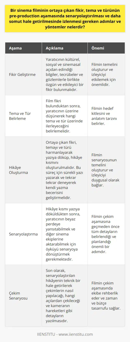 Sinema Filminin Fikir, Tema ve Türünün Senaryolaştırılması  Bir sinema filminin ortaya çıkan fikir, tema ve türünün pre-production aşamasında senaryolaştırılması ve daha somut hale getirilmesinde izlenmesi gereken adımlar ve yöntemler şunlardır:  1. Fikir Geliştirme Yaratıcının kültürel, sosyal ve sinemasal açıdan edindiği bilgiler, tecrübeler ve gözlemlerle birlikte özgün ve etkileyici bir fikir bulunmalıdır.  2. Tema ve Tür Belirleme Film fikri bulunduktan sonra, yaratıcının üzerine düşünerek hangi tema ve tür üzerinde ilerleyeceğini belirlemelidir.  3. Hikâye Oluşturma Ortaya çıkan fikri, temayı ve türü harmanlayarak yazıya döküp, hikâye kısmını oluşturulmalıdır. Bu süreç için sürekli yazı yazarak ve tekrar tekrar deneyerek kendi yazma becerisini geliştirmelidir.  4. Senaryolaştırma Hikâye kısmı yazıya döküldükten sonra, yaratıcının beyaz perdeye yansıtabilmek ve diğer sinema ekiplerine aktarabilmek için öyküyü senaryoya dönüştürmek gerekmektedir.   Senaryolaştırma Süreçleri  Senaryo bölümünün kendi içerisinde önemli aşamaları bulunmaktadır. Bu aşamalardan kısaca bahsedecek olursak:  1. Storyboard Hikâyenin görsel hale getirilmeye başladığı aşamadır. Yaratıcının hayalindeki sahnelerin ve gelişmelerin taslak hali çizimlerle ortaya konulur.  2. Tretman Hikâyenin daha detaylı ve derinliğine inerek, sahne ve diyalogların eklenmesiyle oluşturulan senaryo özetidir.  3. Sahneler ve Karakterler Hikâye ve tretman aşamalarında belirlenen sahneler ve karakterlerin daha detaylı ve açık bir şekilde tanımlanarak yazılmasıdır.  4. Diyaloglar Karakterlerin söylediği ve çeşitli durumlarını ifade eden cümlelerin yazılmasıdır. Diyalogların akıcı ve doğal olması karakterlerin gerçekçiliğini artırır.  5. Müzikler Senaryonun içinde kullanılacak olan müziklerin belirlenmesi ve uygun sahnelerle eşleştirilmesidir.  6. Çekim Senaryosu Son olarak, senaryolaştırılan hikâyenin teknik bir hale getirilerek çekimlerin nasıl yapılacağı, hangi açılardan çekileceği ve kameranın hareketleri gibi detayların yazılmasıdır.  Sonuç  Bir sinema filminin başarılı olması için tüm bu aşamaların ve yöntemlerin dikkatli bir şekilde izlenmesi gerekir. Özellikle senaryo aşamasında gösterilen özen ve titizlik, filmin sonucunu doğrudan etkiler.